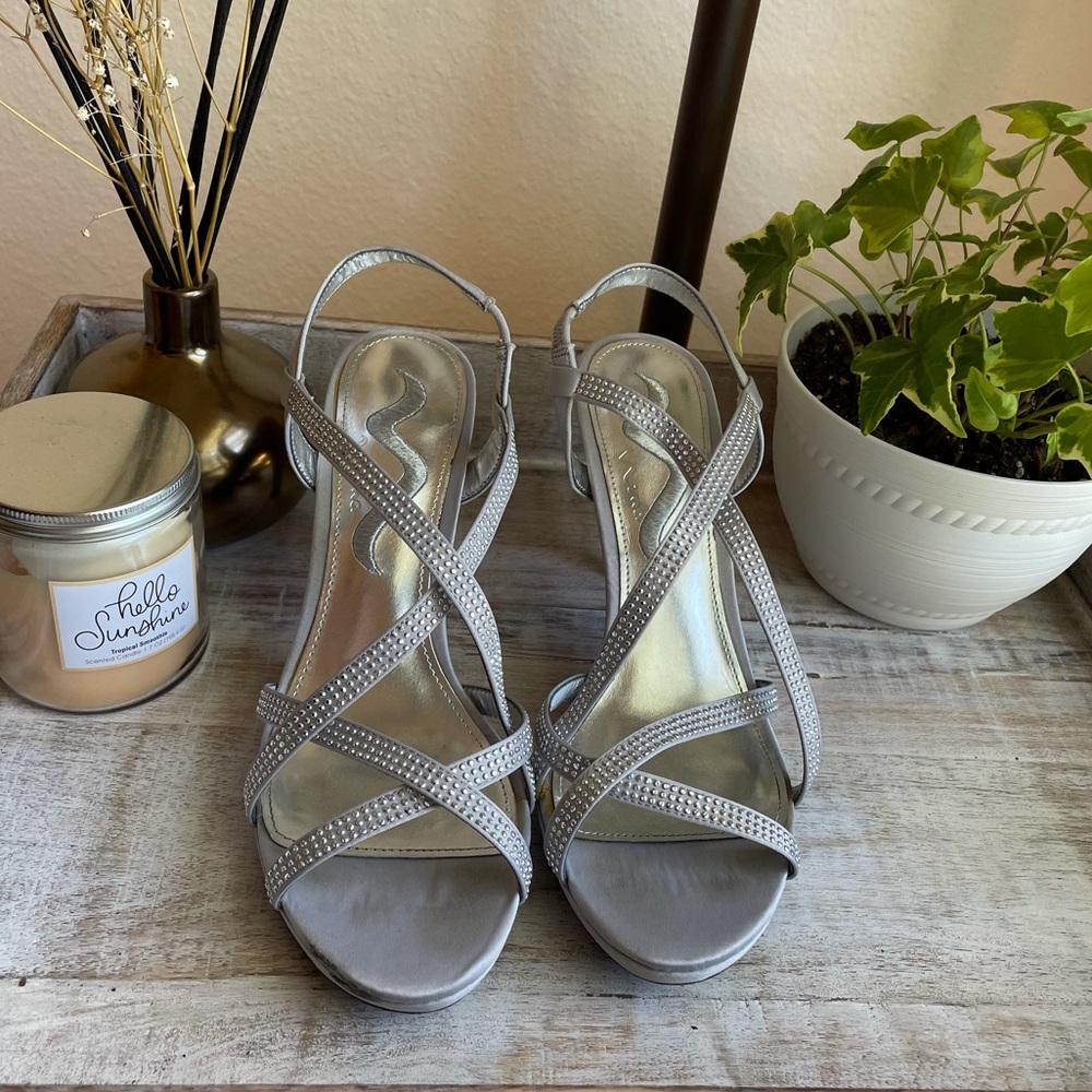 silver rhinestone strappy 3 inch heels—Nina